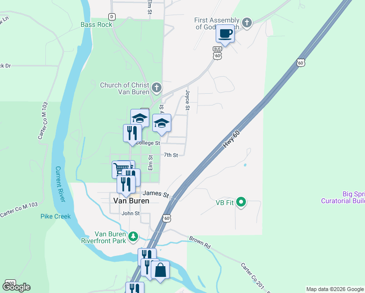 map of restaurants, bars, coffee shops, grocery stores, and more near 60 James Street in Van Buren
