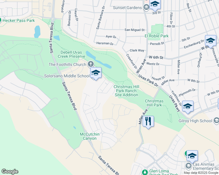 map of restaurants, bars, coffee shops, grocery stores, and more near 1571 Castlewood Place in Gilroy