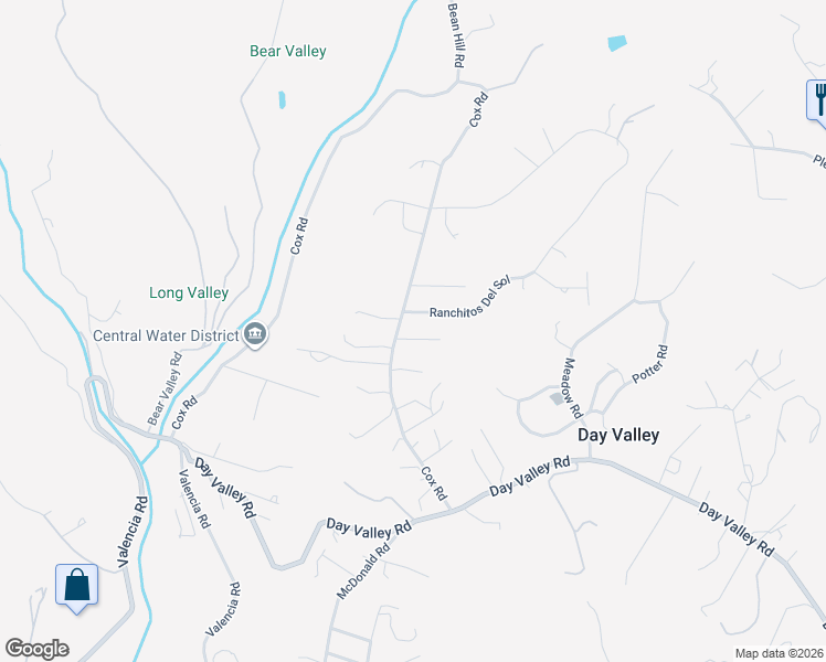 map of restaurants, bars, coffee shops, grocery stores, and more near 1881 Cox Road in Aptos