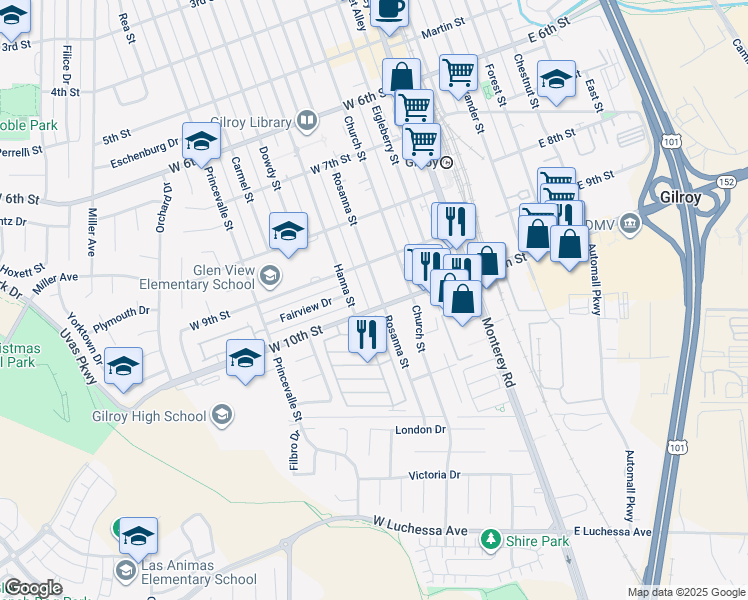 map of restaurants, bars, coffee shops, grocery stores, and more near 7011 Rosanna Street in Gilroy