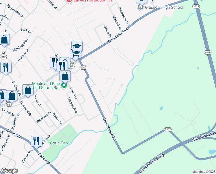 map of restaurants, bars, coffee shops, grocery stores, and more near Rainbow Drive in Glasgow