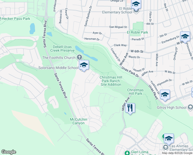 map of restaurants, bars, coffee shops, grocery stores, and more near 6963 Grenache Way in Gilroy