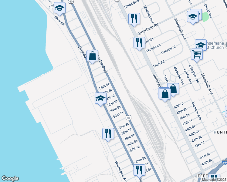 map of restaurants, bars, coffee shops, grocery stores, and more near 346 55th Street in Newport News