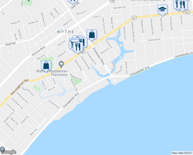 map of restaurants, bars, coffee shops, grocery stores, and more near 2401 Chesapeake Avenue in Hampton
