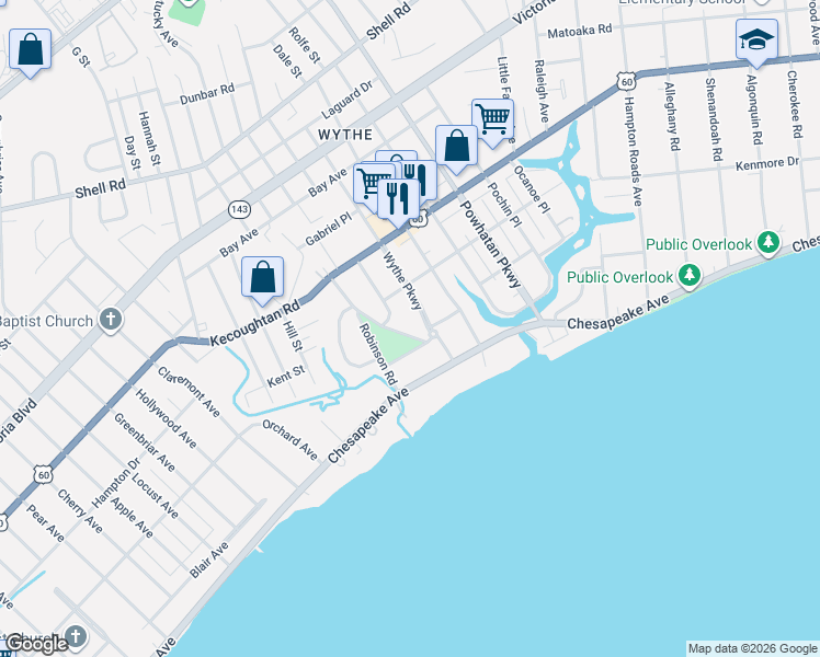 map of restaurants, bars, coffee shops, grocery stores, and more near 101-123 Braddock Road in Hampton