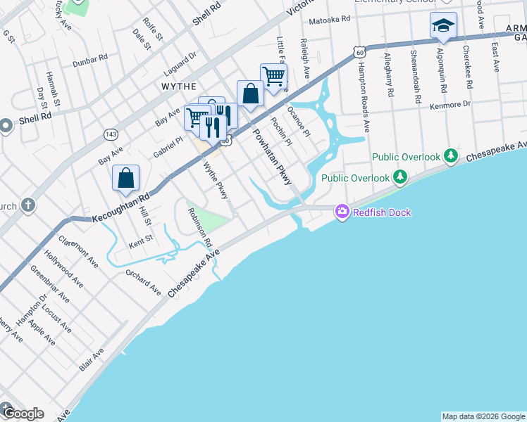 map of restaurants, bars, coffee shops, grocery stores, and more near 100 Chesterfield Road in Hampton