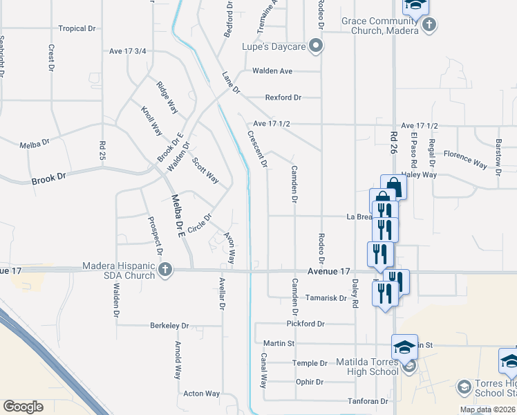 map of restaurants, bars, coffee shops, grocery stores, and more near 17214 Crescent Drive in Madera
