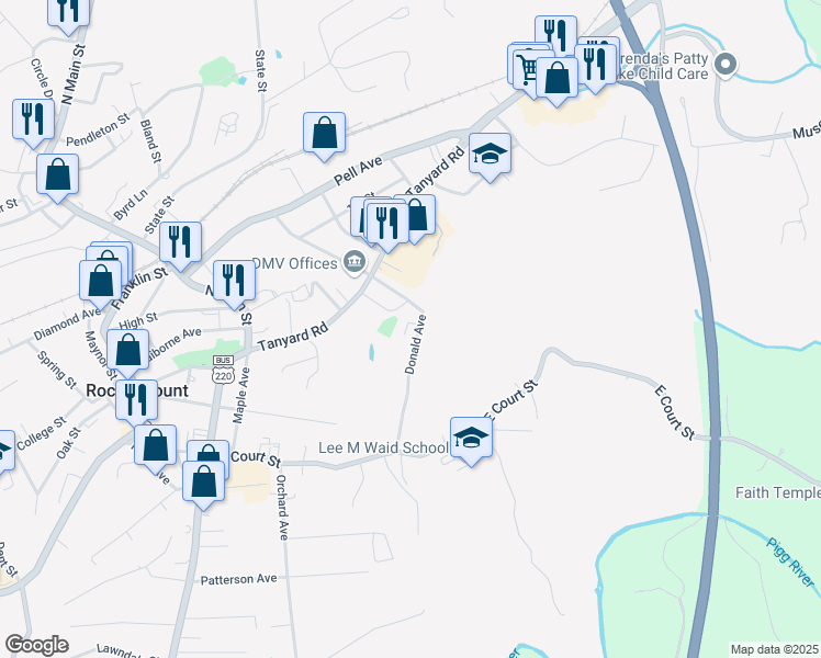 map of restaurants, bars, coffee shops, grocery stores, and more near 390 Donald Avenue in Rocky Mount