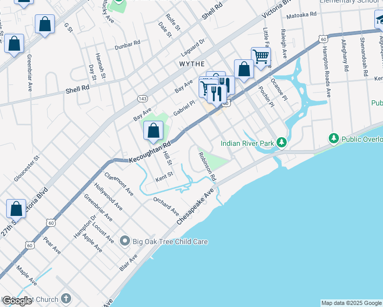 map of restaurants, bars, coffee shops, grocery stores, and more near 130 Wythe Crescent Drive in Hampton