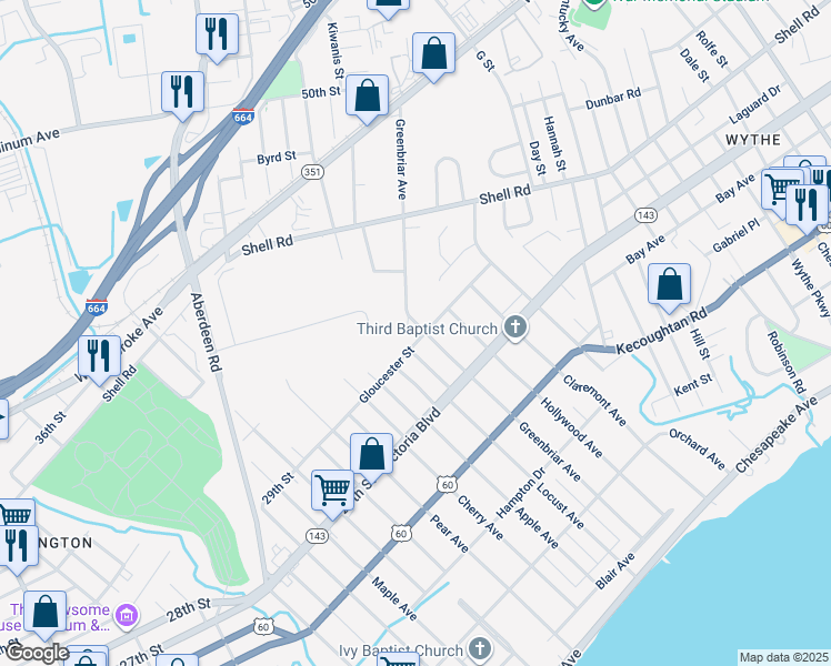 map of restaurants, bars, coffee shops, grocery stores, and more near 501 Greenbriar Avenue in Hampton