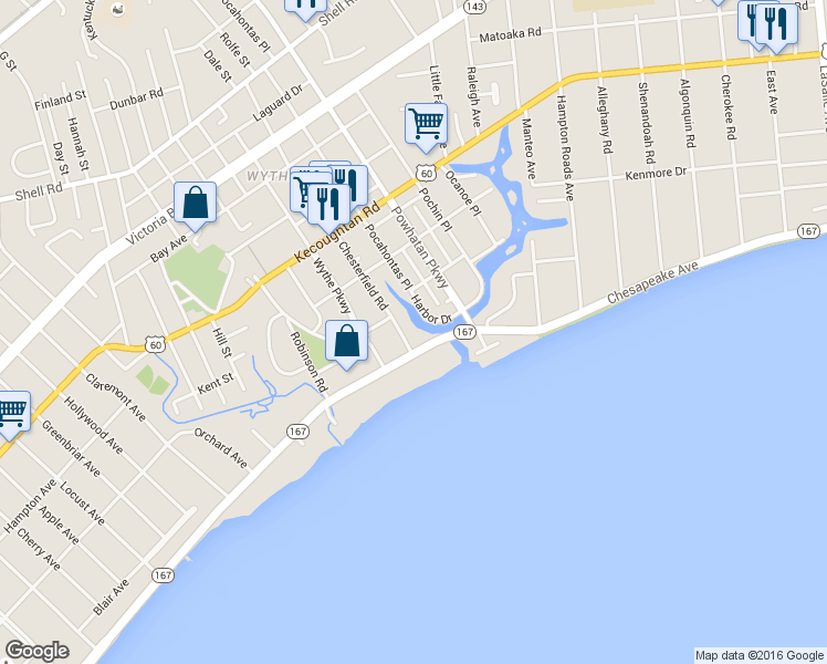 map of restaurants, bars, coffee shops, grocery stores, and more near 2401 Chesapeake Avenue in Hampton
