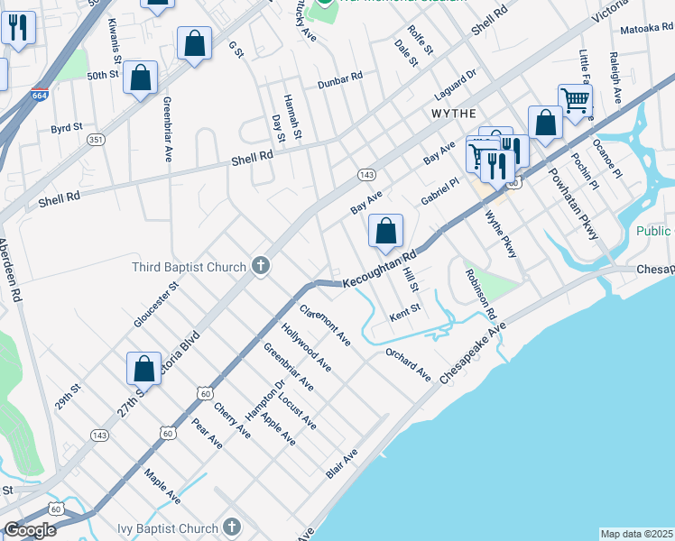 map of restaurants, bars, coffee shops, grocery stores, and more near 1500 Kecoughtan Road in Hampton