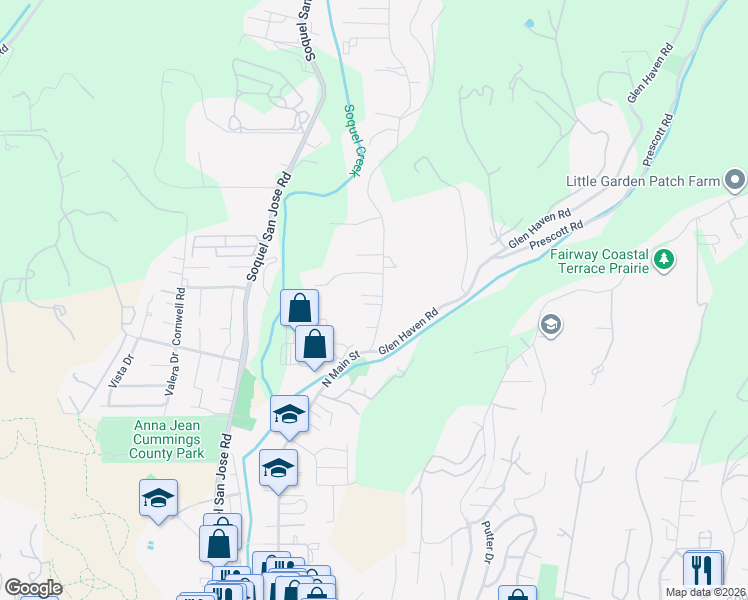 map of restaurants, bars, coffee shops, grocery stores, and more near 3820 Cherryvale Avenue in Soquel