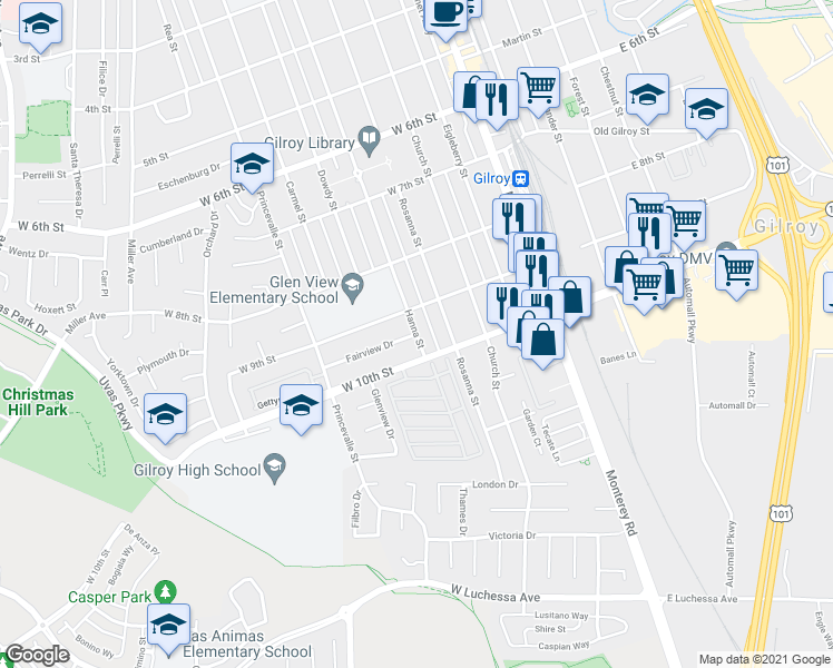 map of restaurants, bars, coffee shops, grocery stores, and more near 7049 Hanna Street in Gilroy