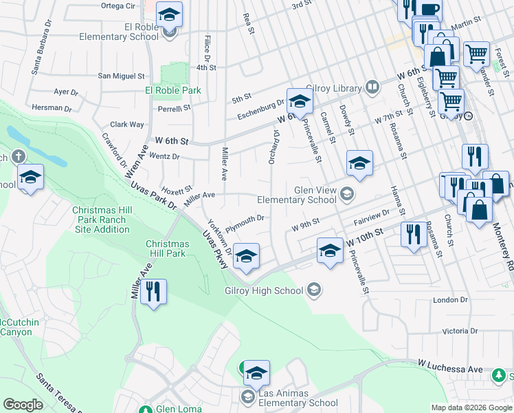map of restaurants, bars, coffee shops, grocery stores, and more near 7180 Utica Place in Gilroy