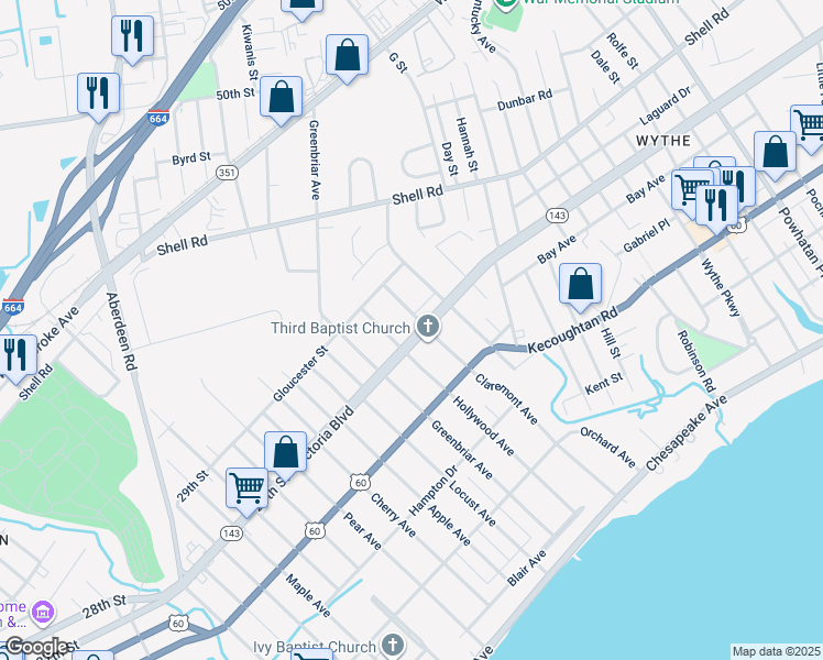 map of restaurants, bars, coffee shops, grocery stores, and more near 1215 Victoria Boulevard in Hampton