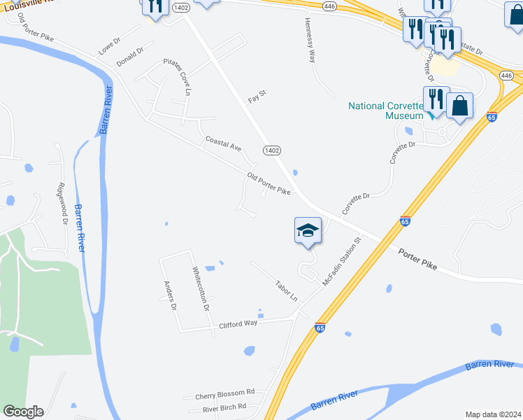 map of restaurants, bars, coffee shops, grocery stores, and more near 180 Coachman Court in Bowling Green