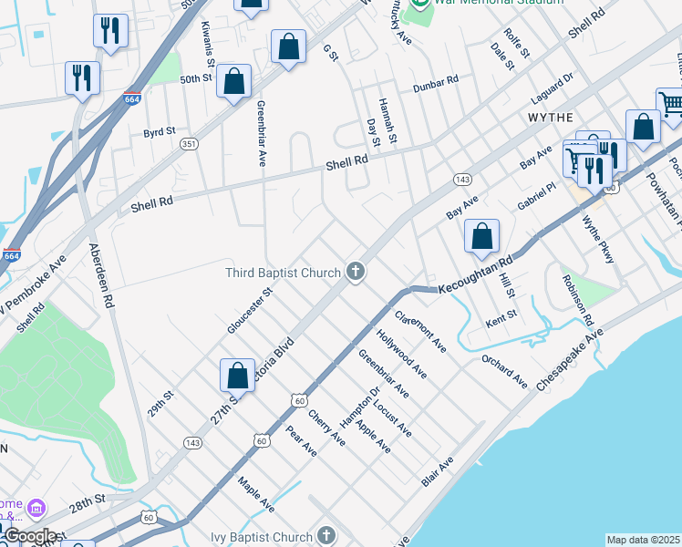 map of restaurants, bars, coffee shops, grocery stores, and more near 1215 Victoria Boulevard in Hampton