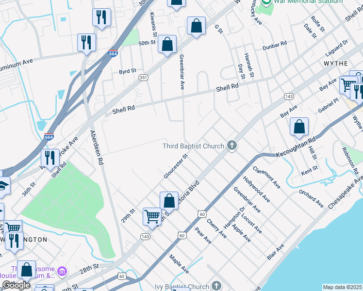 map of restaurants, bars, coffee shops, grocery stores, and more near 511 Homeland Street in Hampton