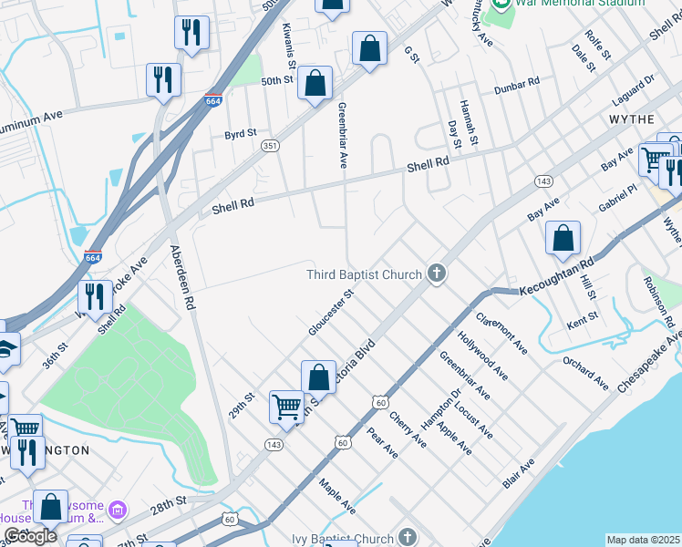 map of restaurants, bars, coffee shops, grocery stores, and more near 511 Homeland Street in Hampton