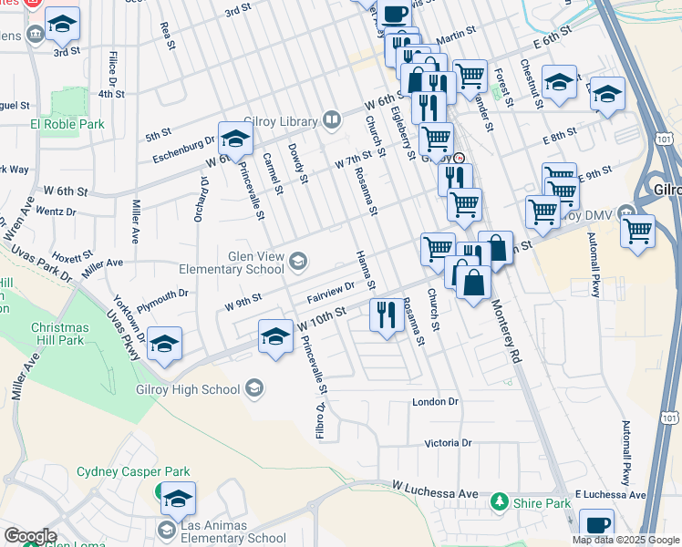 map of restaurants, bars, coffee shops, grocery stores, and more near 480 West 9th Street in Gilroy