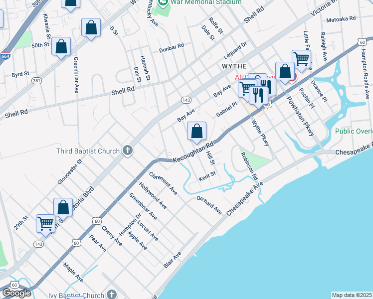 map of restaurants, bars, coffee shops, grocery stores, and more near 208 Clifton Street in Hampton