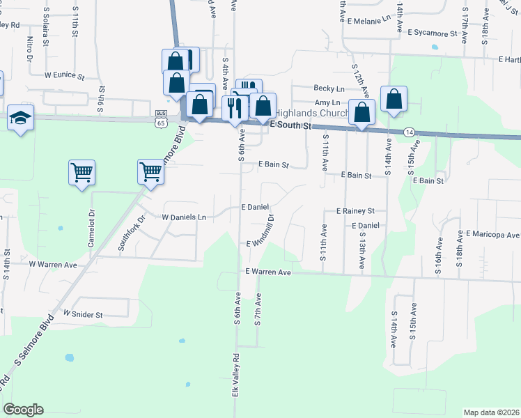 map of restaurants, bars, coffee shops, grocery stores, and more near 612 East Daniels in Ozark