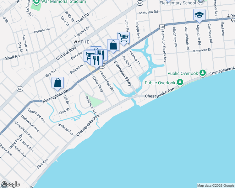 map of restaurants, bars, coffee shops, grocery stores, and more near 100 Harbor Drive in Hampton