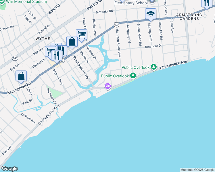 map of restaurants, bars, coffee shops, grocery stores, and more near 25 Manteo Avenue in Hampton