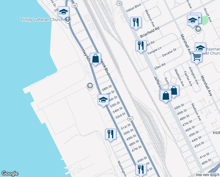 map of restaurants, bars, coffee shops, grocery stores, and more near 343 58th Street in Newport News