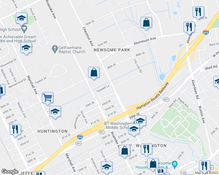 map of restaurants, bars, coffee shops, grocery stores, and more near 1132 Thisdell Lane in Newport News