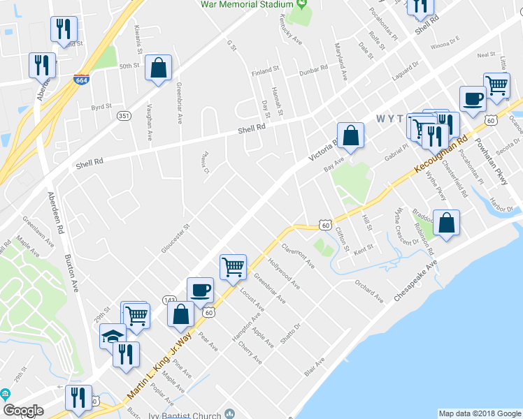 map of restaurants, bars, coffee shops, grocery stores, and more near 1312 Victoria Boulevard in Hampton