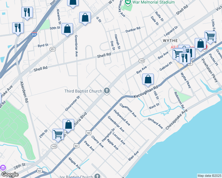map of restaurants, bars, coffee shops, grocery stores, and more near 1312 Victoria Boulevard in Hampton