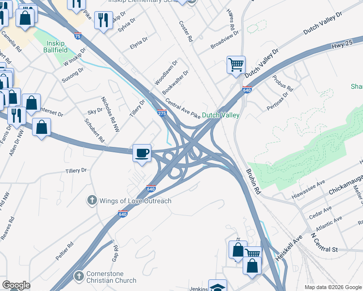 map of restaurants, bars, coffee shops, grocery stores, and more near in Knoxville