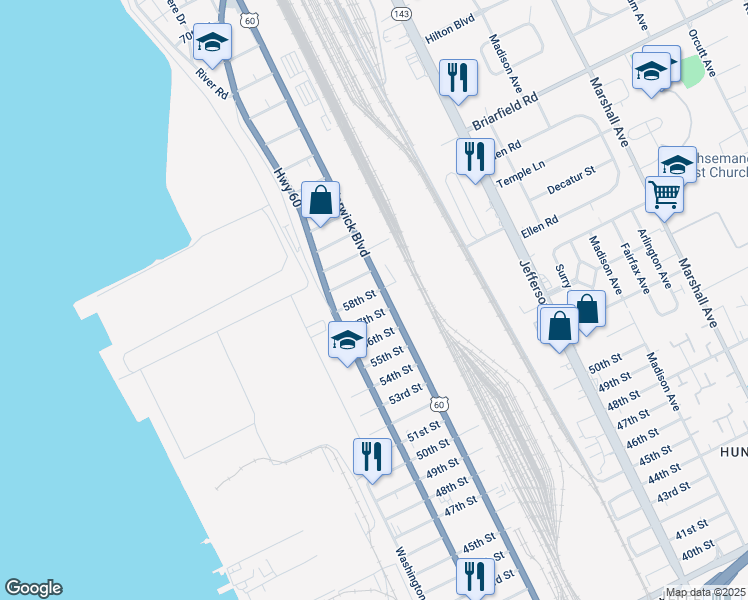 map of restaurants, bars, coffee shops, grocery stores, and more near 343 58th Street in Newport News