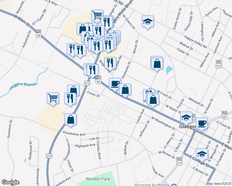 map of restaurants, bars, coffee shops, grocery stores, and more near 804 West Main Street in Glasgow