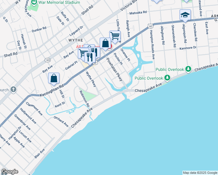 map of restaurants, bars, coffee shops, grocery stores, and more near 108 Chesterfield Road in Hampton