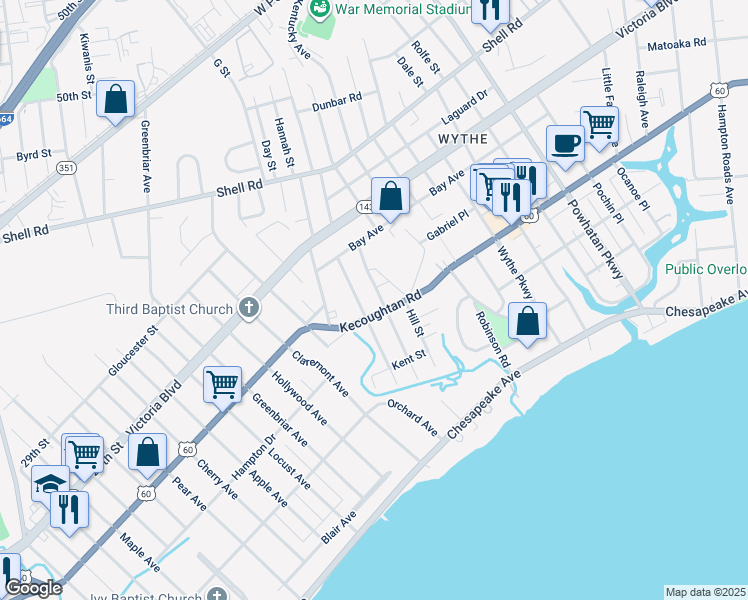 map of restaurants, bars, coffee shops, grocery stores, and more near 211 Piedmont Avenue in Hampton