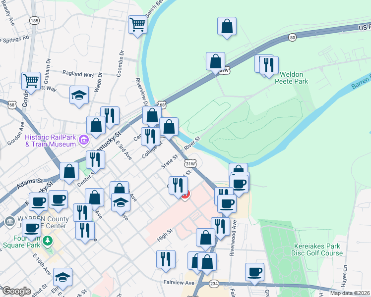 map of restaurants, bars, coffee shops, grocery stores, and more near 25 Old Louisville Road in Bowling Green