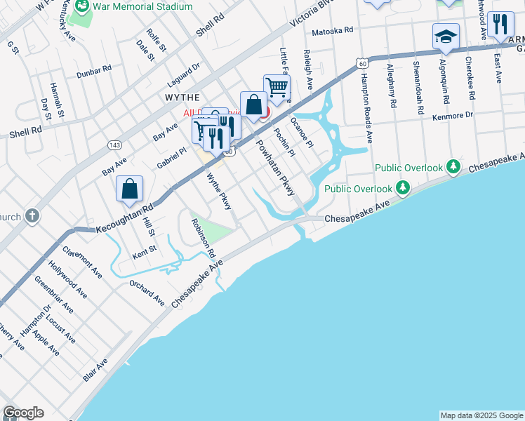 map of restaurants, bars, coffee shops, grocery stores, and more near 108 Chesterfield Road in Hampton