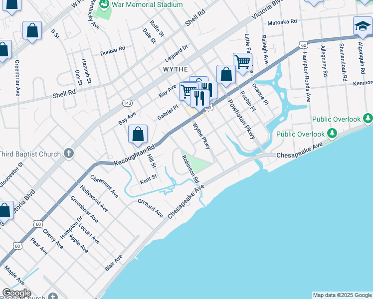 map of restaurants, bars, coffee shops, grocery stores, and more near 137 Chancellor Road in Hampton