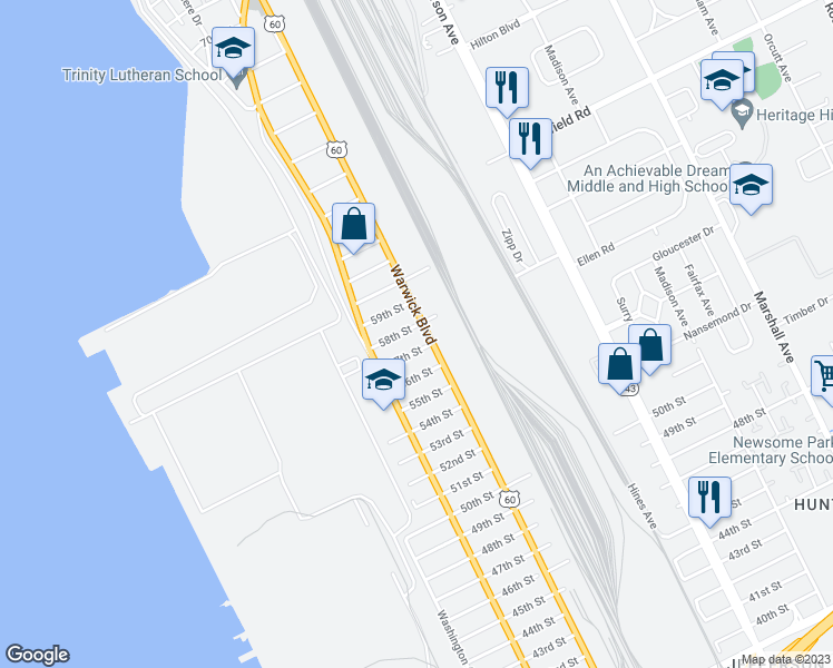map of restaurants, bars, coffee shops, grocery stores, and more near 346 58th Street in Newport News