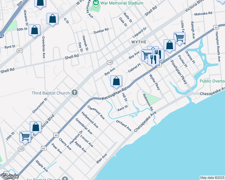 map of restaurants, bars, coffee shops, grocery stores, and more near 211 Piedmont Avenue in Hampton