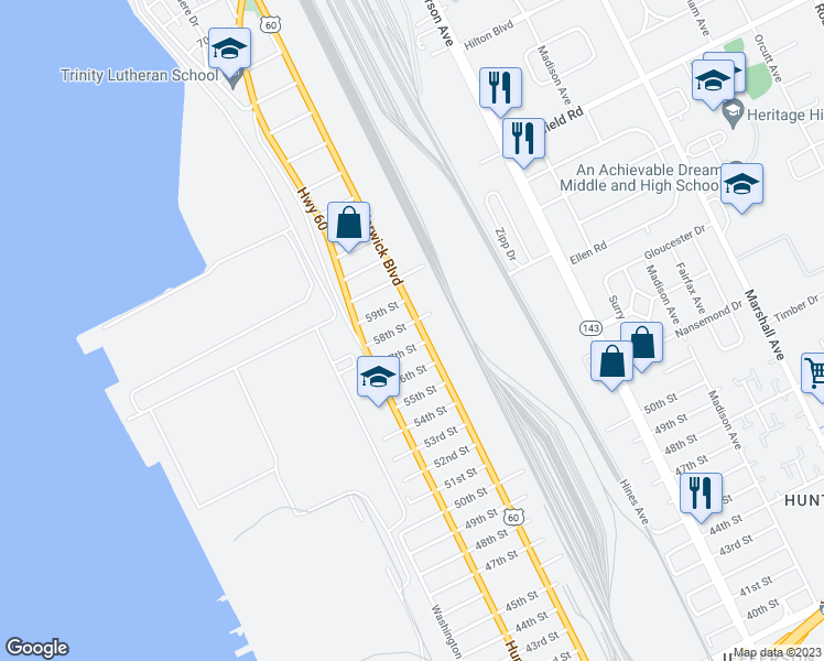 map of restaurants, bars, coffee shops, grocery stores, and more near 346 58th Street in Newport News