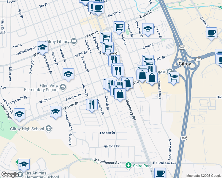 map of restaurants, bars, coffee shops, grocery stores, and more near 7001 Eigleberry Street in Gilroy