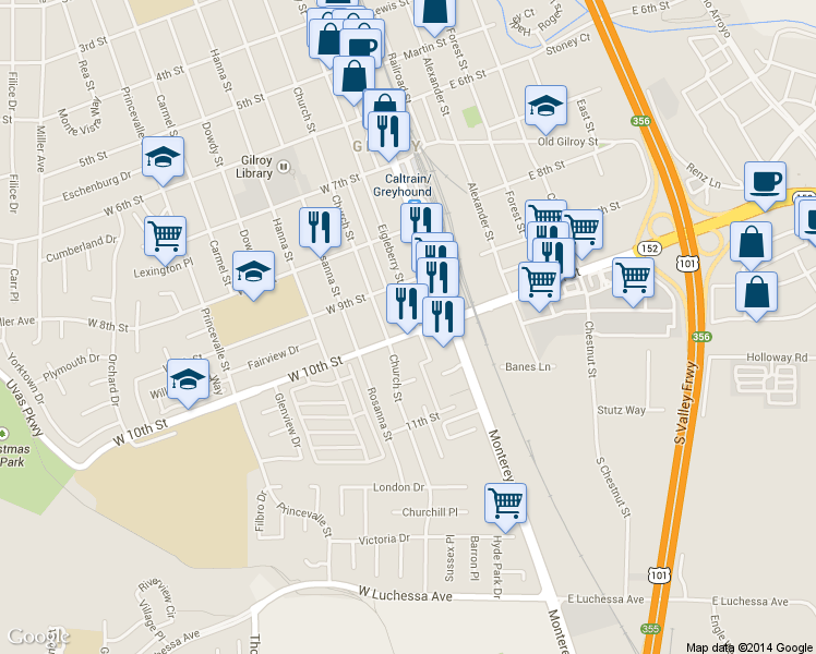 map of restaurants, bars, coffee shops, grocery stores, and more near 7041 Eigleberry Street in Gilroy