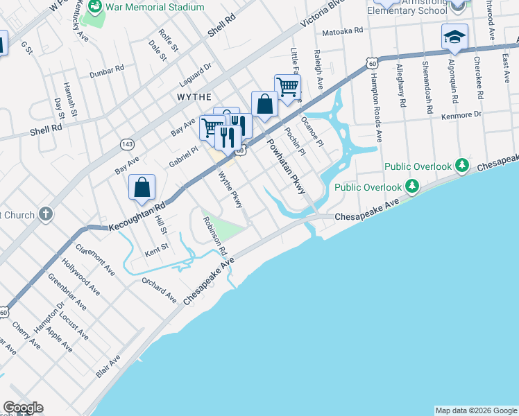 map of restaurants, bars, coffee shops, grocery stores, and more near 121 Chesterfield Road in Hampton