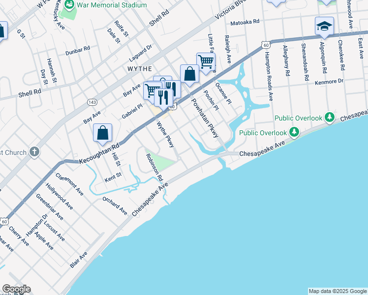 map of restaurants, bars, coffee shops, grocery stores, and more near 121 Chesterfield Road in Hampton