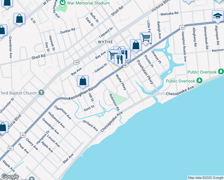 map of restaurants, bars, coffee shops, grocery stores, and more near 137 Chancellor Road in Hampton