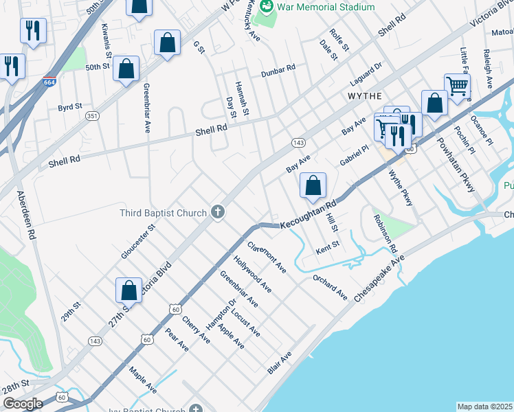 map of restaurants, bars, coffee shops, grocery stores, and more near 327 Pennsylvania Avenue in Hampton